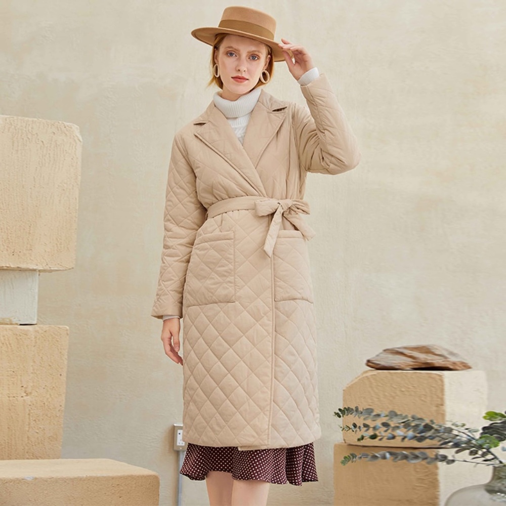Beige Quilted Belted Coat with Pockets - Picture 7 of 17